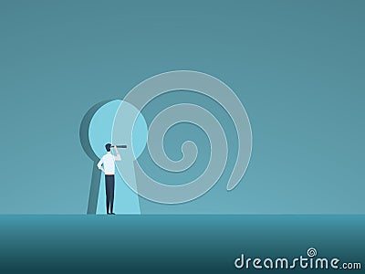 Business vision and solution vector concept with business man looking through keyhole. Symbol of innovation, opportunity Vector Illustration