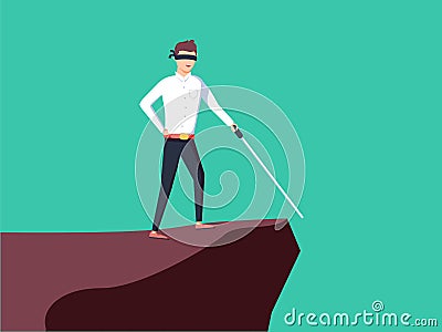 Business vision, strategy, success vector concept with businessman standing on top of rock or mountain above hole Vector Illustration