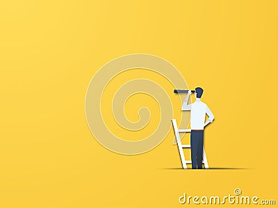 Business vision vector concept with businessman on a ladder with telescope. Modern paper cutout style. Symbol of Vector Illustration