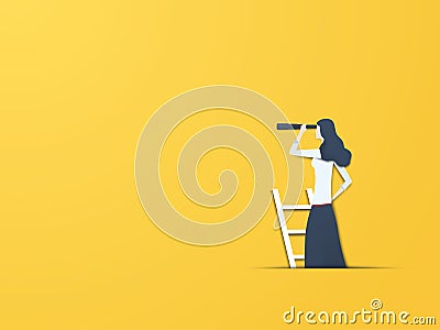 Business vision vector concept with businesswoman with telescope. Modern paper cutout style. Symbol of business Vector Illustration