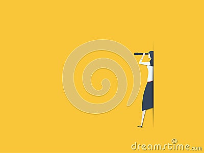 Business vision vector concept with businesswoman with telescope. Symbol of new beginning, visionary, leadership Vector Illustration
