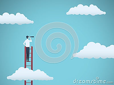 Business vision vector concept with business man standing on top of ladder above clouds. Symbol of new opportunities Vector Illustration