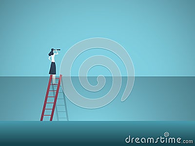 Business vision vector concept with business woman standing on top of ladder above wall. Symbol of overcoming obstacles Vector Illustration