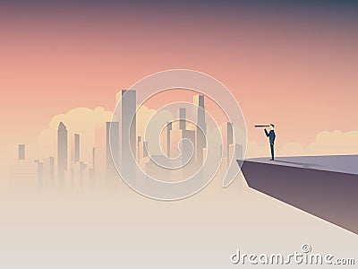 Business vision or visionary concept with businessman standing on a cliff, looking through monocular at corporate Vector Illustration