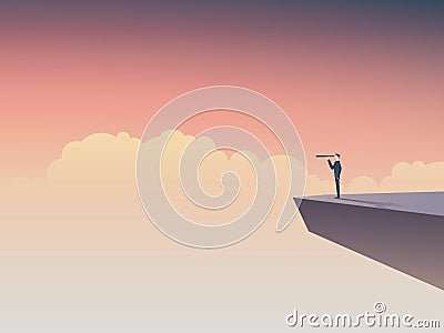 Business vision or visionary concept with businessman standing on a cliff, looking through monocular into the future. Vector Illustration