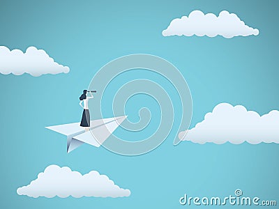 Business vision or visionary vector concept with businesswoman on paper plane with telescope. Symbol of woman leader Vector Illustration