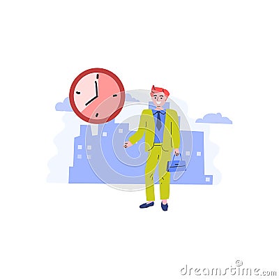Business waiting - man in suit with clock standing Vector Illustration