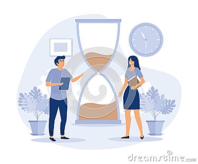 Business waiting - Two people with hour glass standing in patience watching as time goes by, Vector Illustration