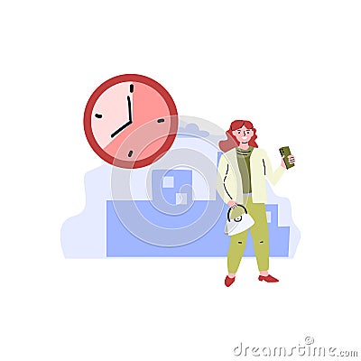 Business waiting - woman in suit with clock standing and using mobile app Vector Illustration