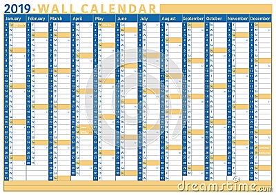 Business wall calendar 2019 with space for text and number of weeks Vector Illustration