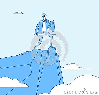 Business warrior. Businessman conqueror knight holding sword and protected shield. Precaution security protection vector Vector Illustration