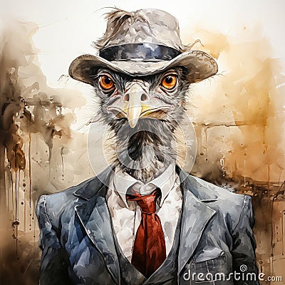 A business watercolor ostrich in an elegant suit Stock Photo