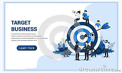 Business web banner concept design. Businessmen shaking hands have reach the target of business work on big target board. Goal Vector Illustration