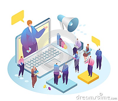 Business web conference, businessman videoconferencing with colleagues on laptop vector illustration. Teleconference Vector Illustration