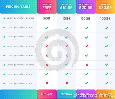 Business website price pricing chart table Subscription design with dark black and blue color. Web banner checklist Comparison Vector Illustration