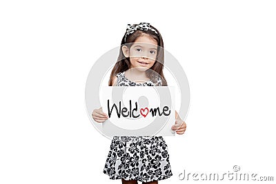 Business welcome concept, Cute girl holding a welcome sign stand Stock Photo