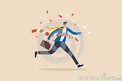 Business winner reaching goal, success celebration, career path or glory to finish working project concept, joyful smart Stock Photo