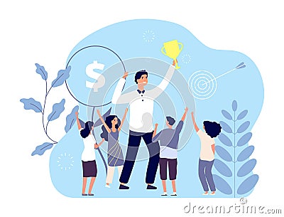 Business winner. Team win cup best employes. Successful business people, career victory vector concept. Happy persons Vector Illustration