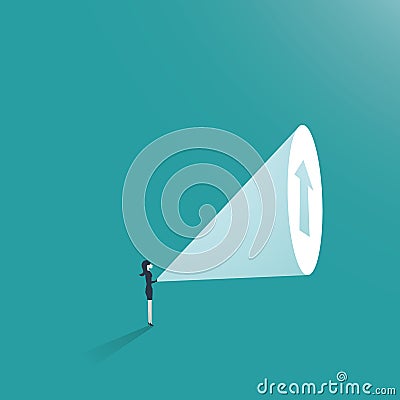 Business woman ambition business concept vector. Businesswoman with flashlight and arrow up as symbol of career Vector Illustration