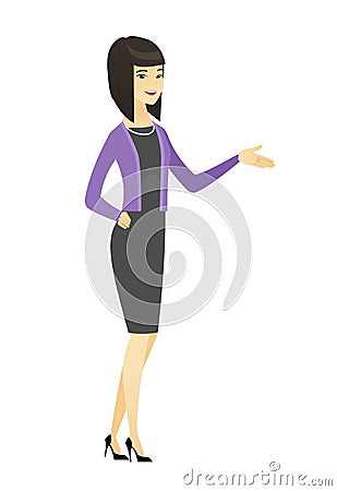 Business woman with arm out in a welcoming gesture Vector Illustration