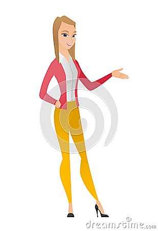 Business woman with arm out in a welcoming gesture Vector Illustration