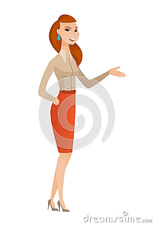 Business woman with arm out in a welcoming gesture Vector Illustration