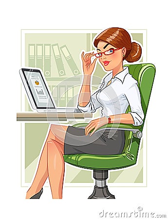 Business woman in armchair with laptop Cartoon Illustration