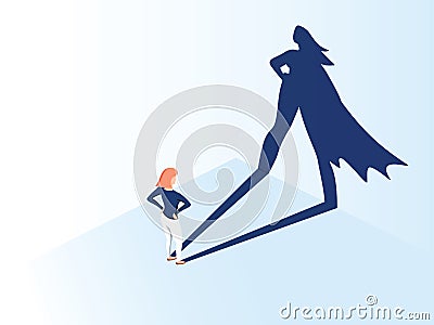 Business woman with big shadow superhero. Super manager leader in business. Concept of success, quality of leadership. Vector Illustration