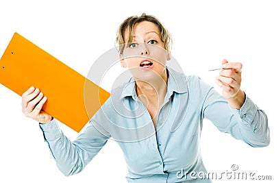 Business woman in blue shirt holds orange notes behave emotionally - shouting restless boss Stock Photo