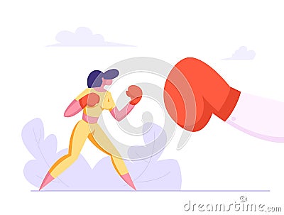 Business Woman Boxing with Big Glove. Woman Fighting in Boxing Gloves. Business Competition, Challenge, Leadership Vector Illustration