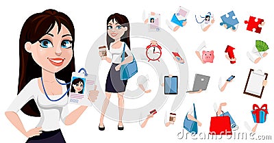Business woman with brown hair, cartoon character Vector Illustration