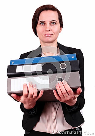 The woman holds a pile of folders Stock Photo