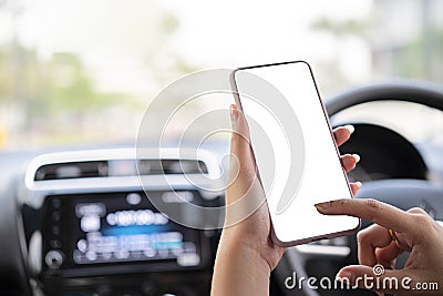 Business woman busy driving hands holding phone with screen Stock Photo