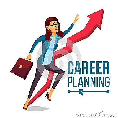 Business Woman Career Planning Vector. Fast Career Growth. Achieve Goal. Huge Red Arrow. More Profit. Isolated Cartoon Vector Illustration