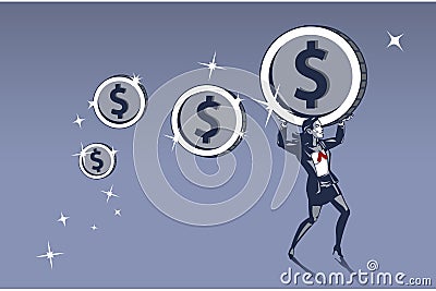 Business Woman Carrying Heavy Coins with Maximum Effort Stock Photo