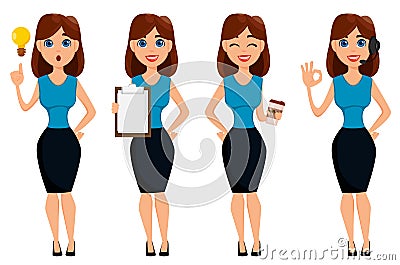 Business woman cartoon character. Cute brunette businesswoman se Vector Illustration