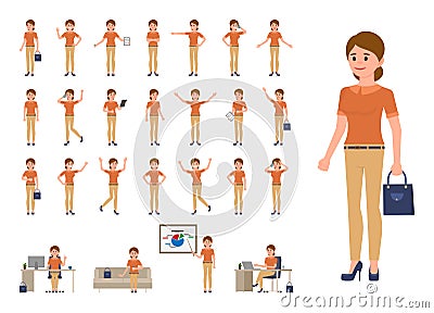 Business woman in casual office look cartoon character set. Office person in different poses. Vector Illustration