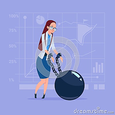 Business Woman Chain Bound Hands Credit Debt Finance Crisis Concept Vector Illustration