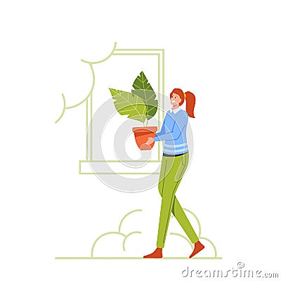 Business Woman Character Carry Green Potted Plant, Manager Working in Modern Office with Biophilic Design. Eco Friendly Vector Illustration