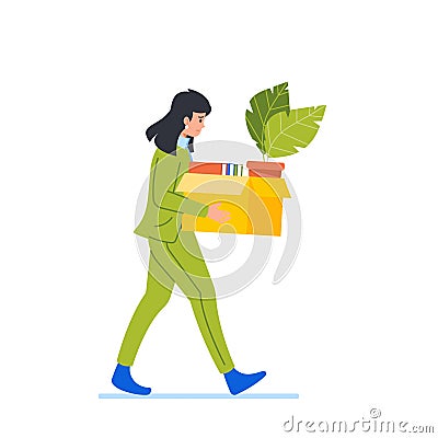 Business Woman Character Carrying Box, Looks Determined, Likely Leaving Job. Frustrated And Determined To Succeed Vector Illustration