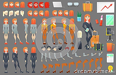 Business Woman Character Creation Constructor. Woman in Different Poses. Female Person with Faces, Arms, Legs, Hairstyles Vector Illustration