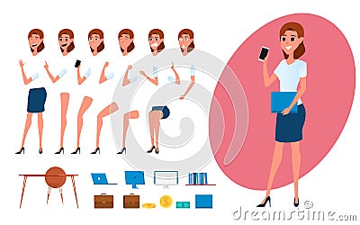 Business woman character creation set for animation. Parts body template. Different emotions, poses and running, walking Vector Illustration