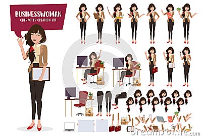 Business woman character creation vector set. Businesswoman female characters editable create face and body parts movement. Vector Illustration