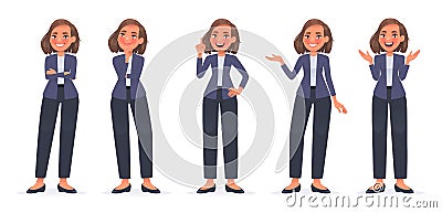 Business woman character set. A cute girl in a suit, a secretary or an employee of a company gestures and expresses emotions Cartoon Illustration