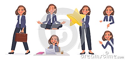 Business woman character set. A girl goes to work, meditates, works at desktop, holds a star, a review or a rating Cartoon Illustration