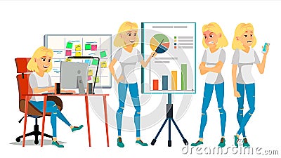 Business Woman Character Vector. Blonde Elegant Modern Girl. Expressions. Working On The Computer. Desk. Brainstorming Vector Illustration