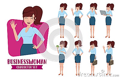 Business woman character vector set. Businesswoman characters of female professional office employee. Vector Illustration