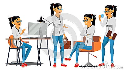 Business Woman Character Vector. Working Asian Woman. Team Room. Asiatic. Environment Process In Start Up Office. Web Vector Illustration