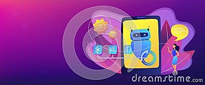 Chatbot virtual assistant via messaging concept banner header. Vector Illustration
