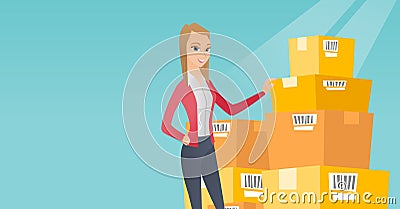 Business woman checking boxes in warehouse. Vector Illustration